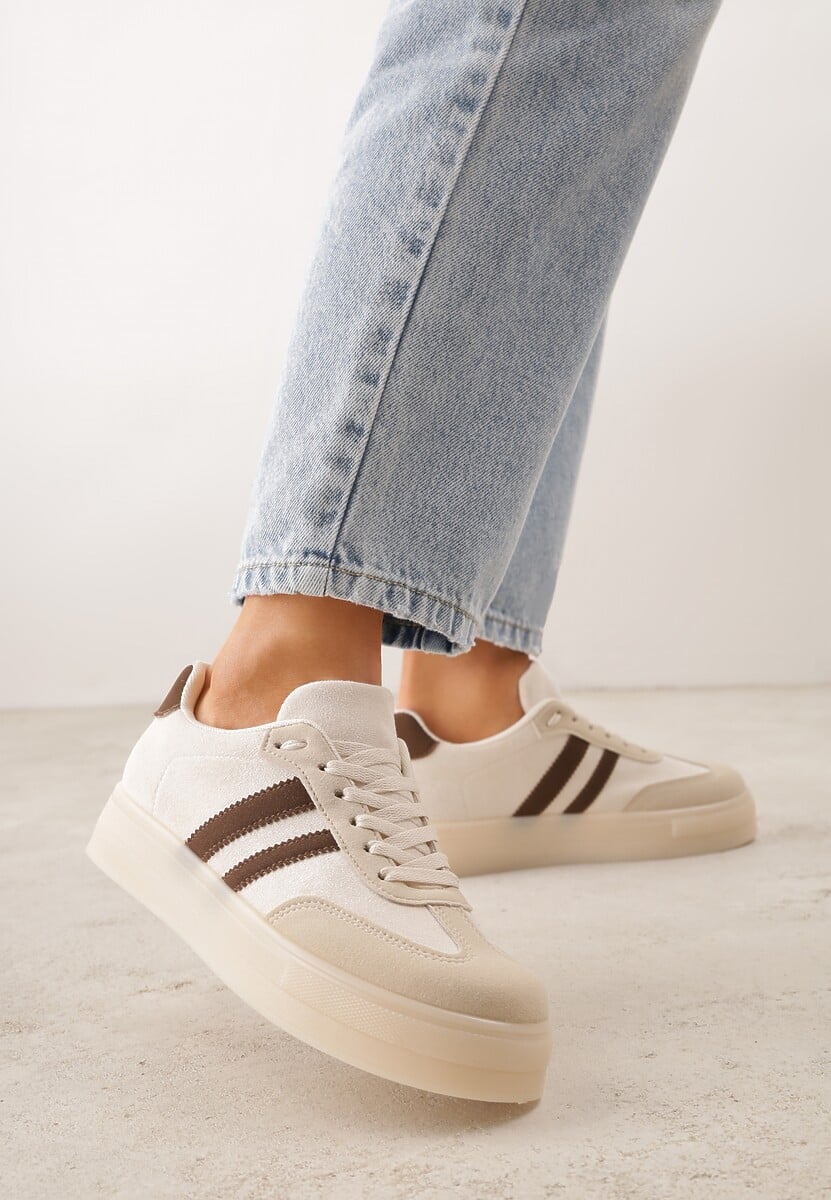 Beżowe Sneakersy na Platformie w Stylu Tenisówek Ozdobione Paskami Ladia 2