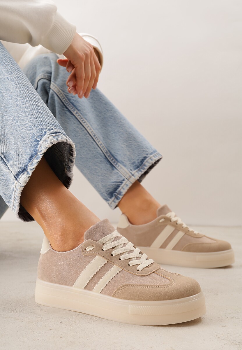 Ciemnobeżowe Sneakersy na Platformie w Stylu Tenisówek Ozdobione Paskami Ladia 1