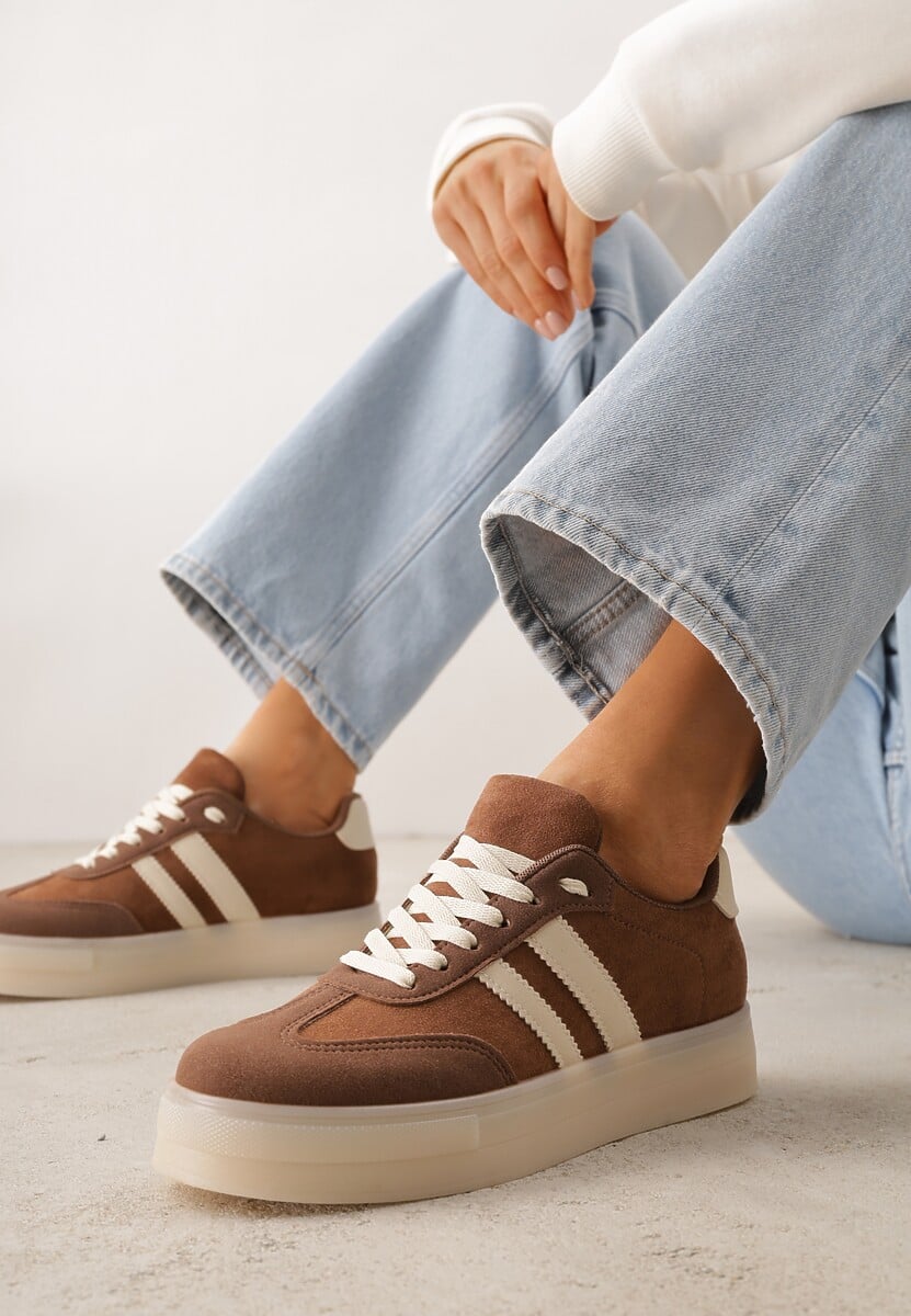 Brązowe Sneakersy na Platformie w Stylu Tenisówek Ozdobione Paskami Ladia 1