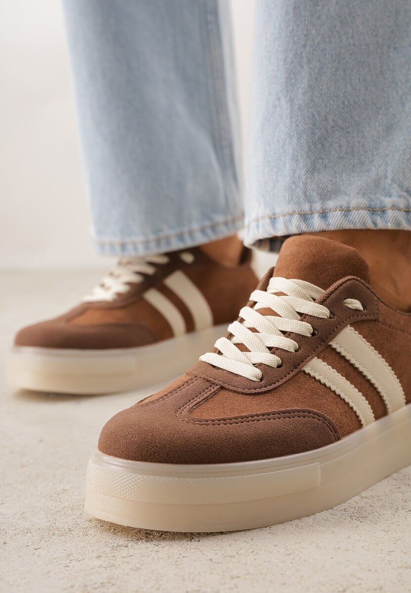 Brązowe Sneakersy na Platformie w Stylu Tenisówek Ozdobione Paskami Ladia 3