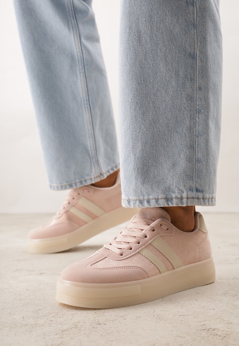 Różowe Sneakersy na Platformie w Stylu Tenisówek Ozdobione Paskami Ladia 2