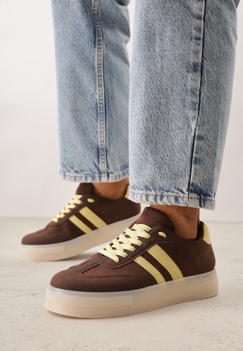 Ciemnobrązowe Sneakersy na Platformie w Stylu Tenisówek Ozdobione Paskami Ladia 2