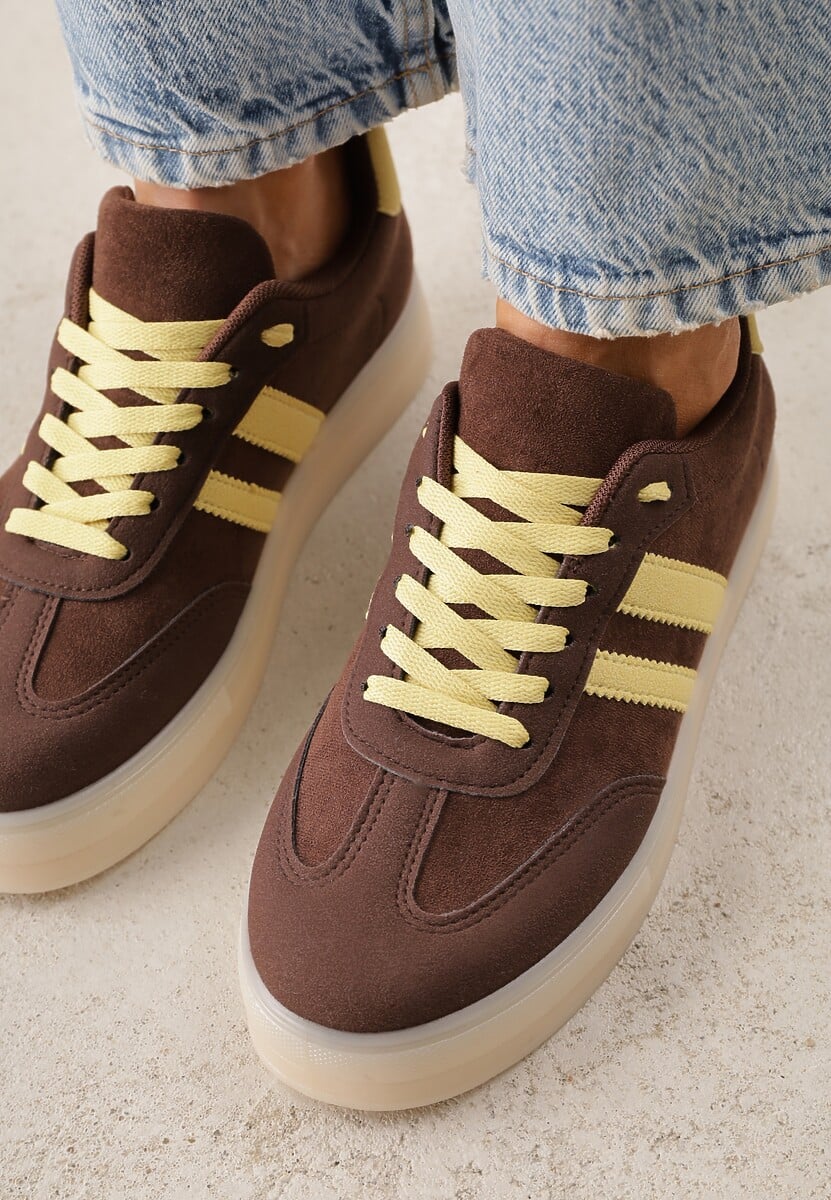 Ciemnobrązowe Sneakersy na Platformie w Stylu Tenisówek Ozdobione Paskami Ladia 3