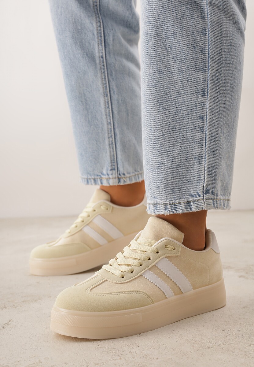 Jasnożółte Sneakersy na Platformie w Stylu Tenisówek Ozdobione Paskami Ladia 2