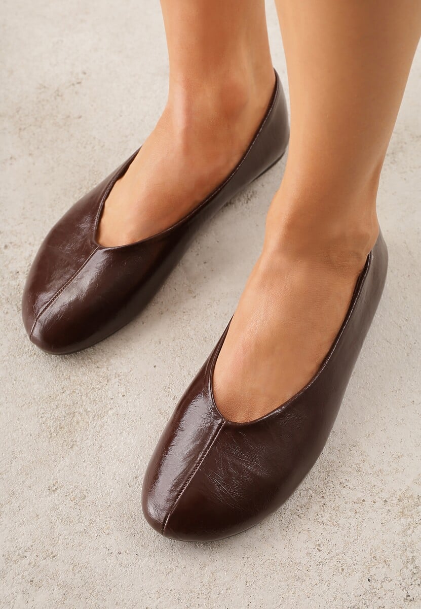Brązowe Gładkie Balerinki Basic z Zaokrąglonym Noskiem Kaleta 2