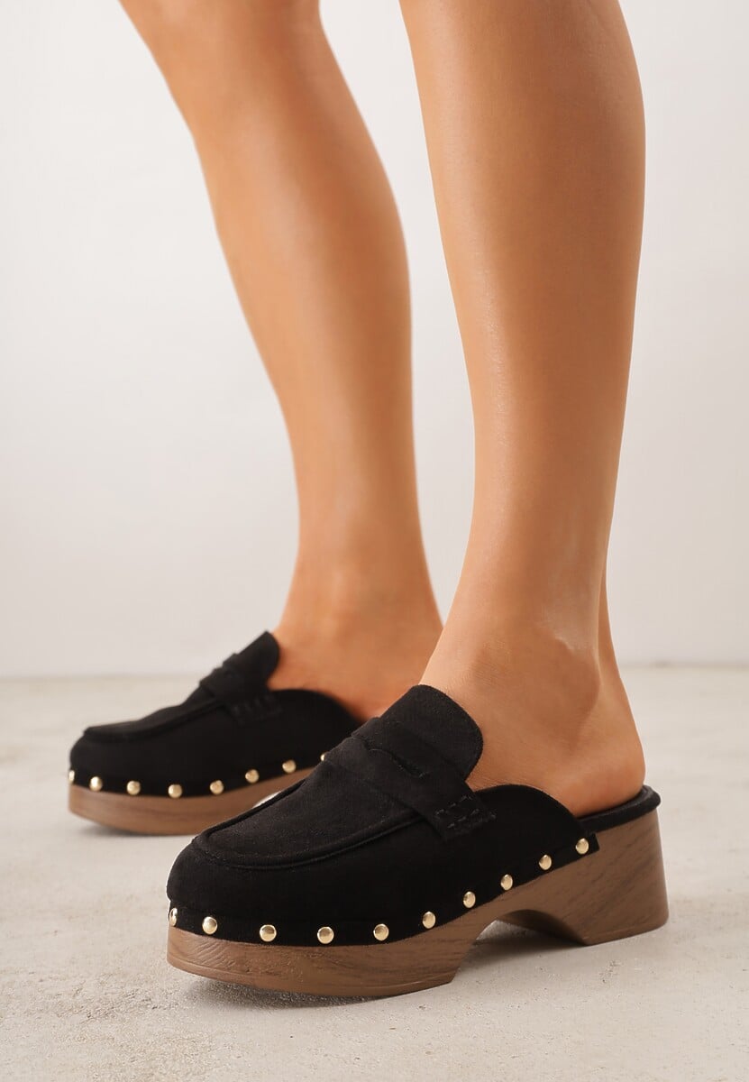 Czarne Klapki Drewniaki o Fasonie Loafersów z Ozdobnymi Nitami Sargita 2