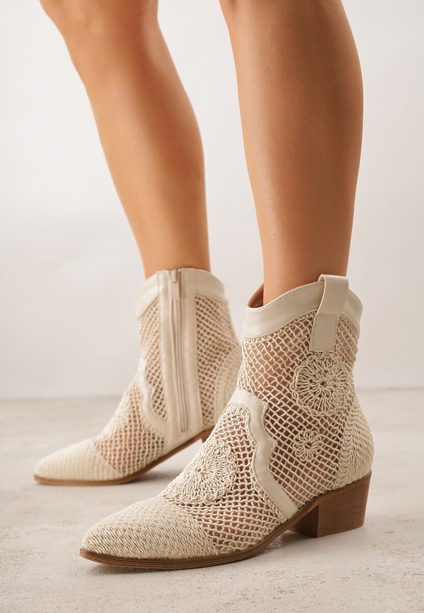 Beżowe Botki Kowbojki na Stożku z Ażurową Cholewką z Haftem Isarna 2