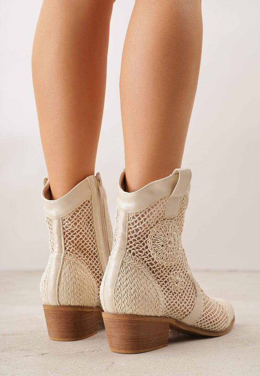 Beżowe Botki Kowbojki na Stożku z Ażurową Cholewką z Haftem Isarna 3