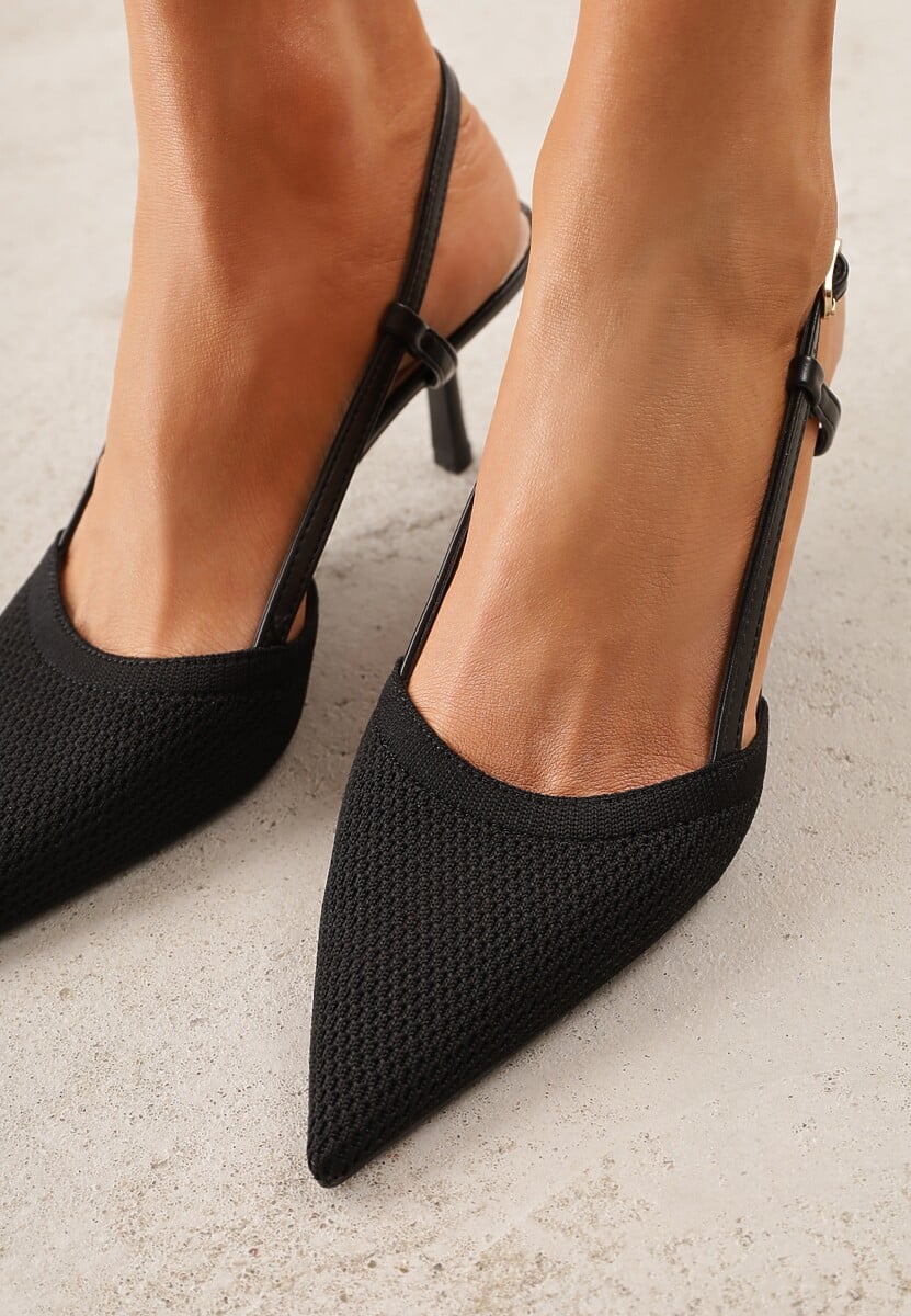 Czarne Ażurowe Sandały na Szpilce Typu Slingback Pavidia 3
