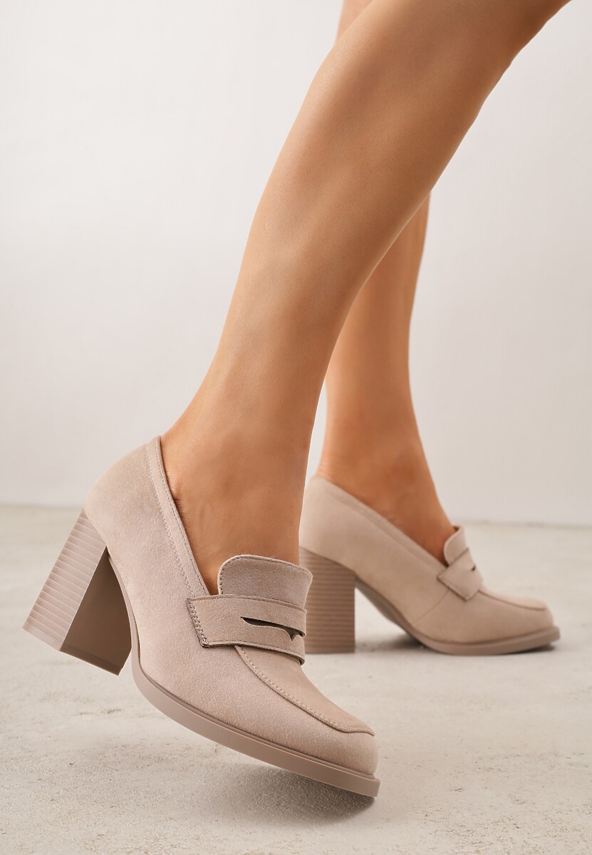Beżowe Półbuty Mokasyny na Słupku z Geometryczną Wstawką Edalinae 1