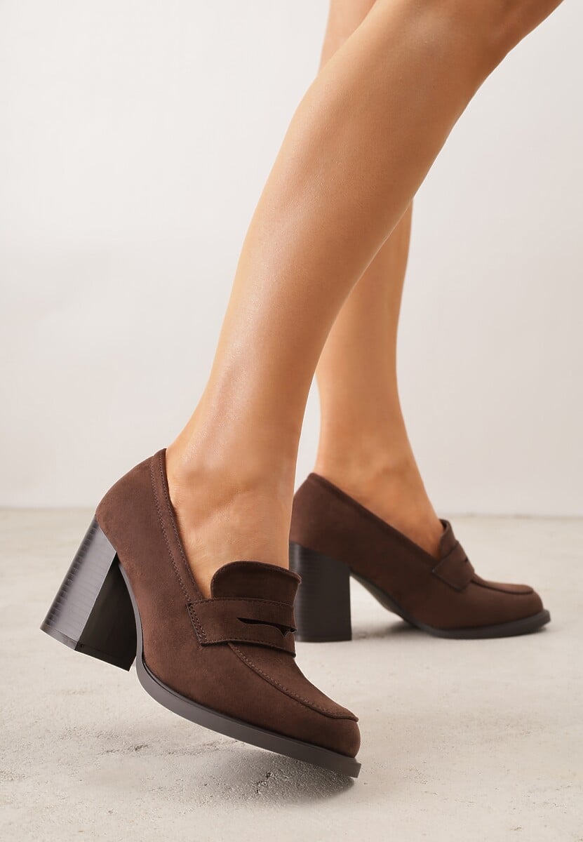 Brązowe Półbuty Mokasyny na Słupku z Geometryczną Wstawką Edalinae 1