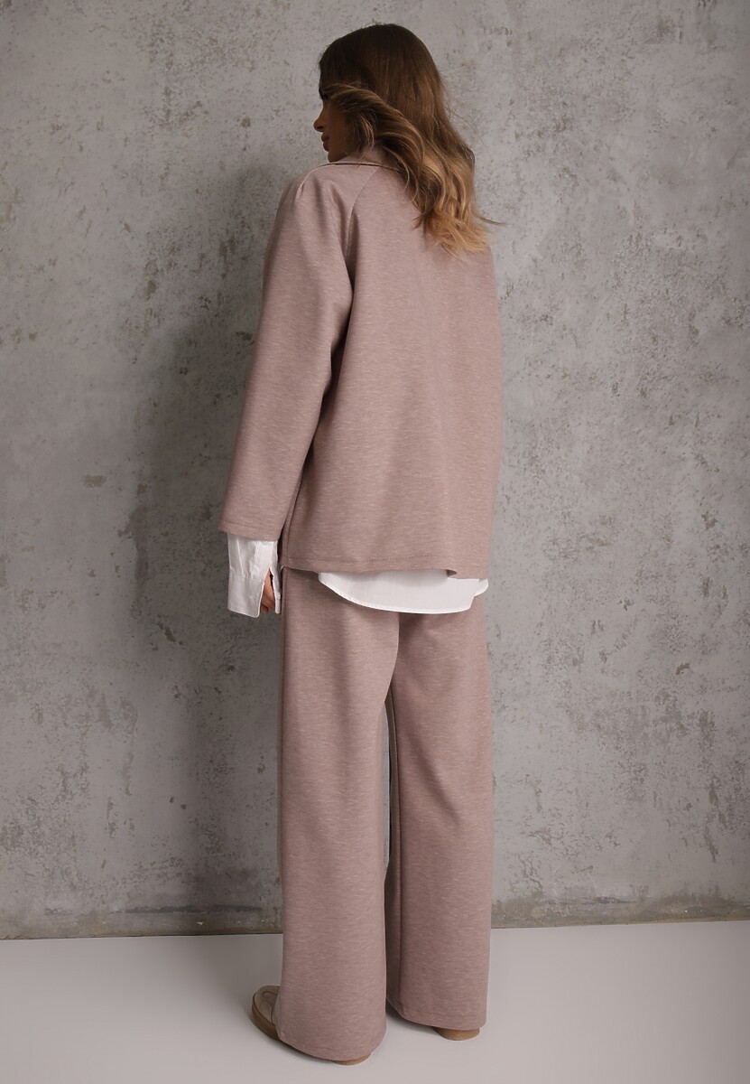 Beżowy Komplet Dresowy z Dzianiny z Wiskozą Bluza i Spodnie Wide Leg Nevelida 3