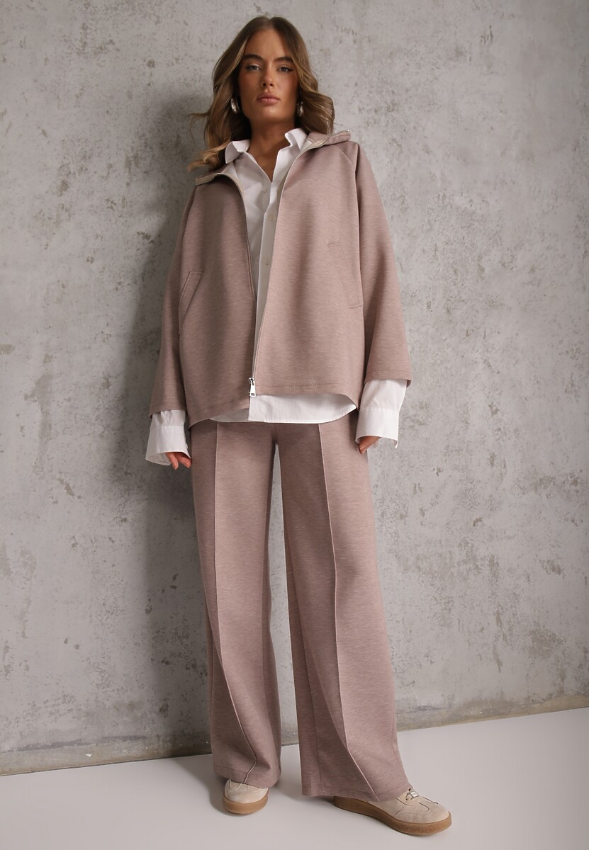 Beżowy Komplet Dresowy z Dzianiny z Wiskozą Bluza i Spodnie Wide Leg Nevelida 2