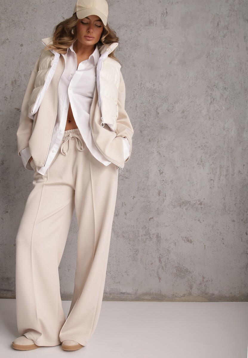 Jasnobeżowy Komplet Dresowy z Dzianiny z Wiskozą Bluza i Spodnie Wide Leg Nevelida 2