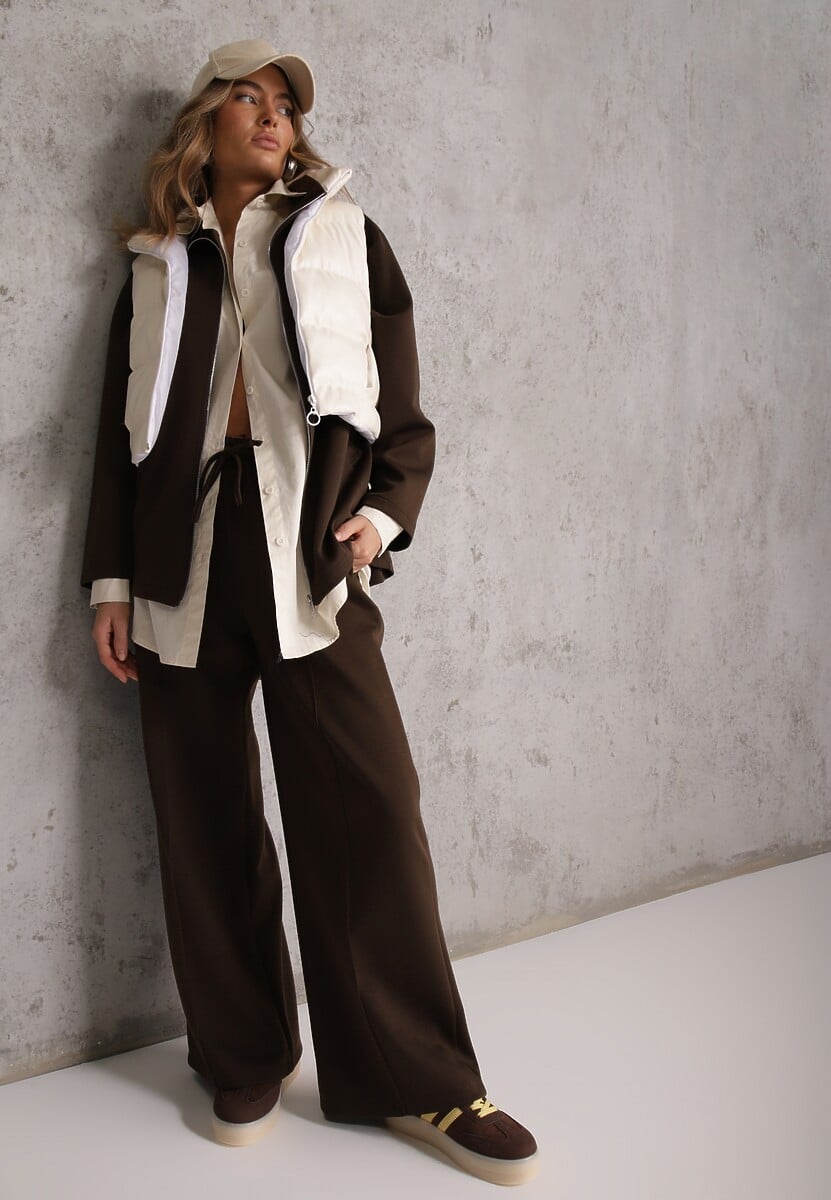 Ciemnobrązowy Komplet Dresowy z Dzianiny z Wiskozą Bluza i Spodnie Wide Leg Nevelidaa 2