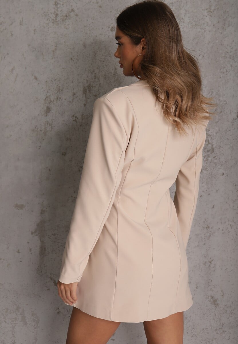 Beżowa Sukienka-Marynarka o Kopertowym Kroju z Wiązaniem w Pasie Verluva 3