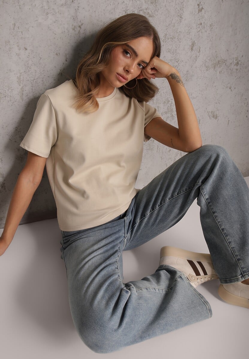 Beżowy Casualowy T-shirt z Bawełny Nealiara 1