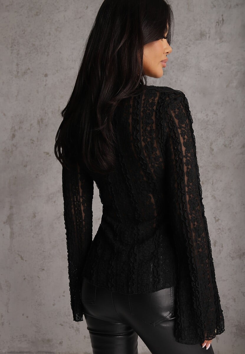 Czarna Bluzka z Koronki Ozdobiona Rozszerzanymi Rękawami Lertiola 3