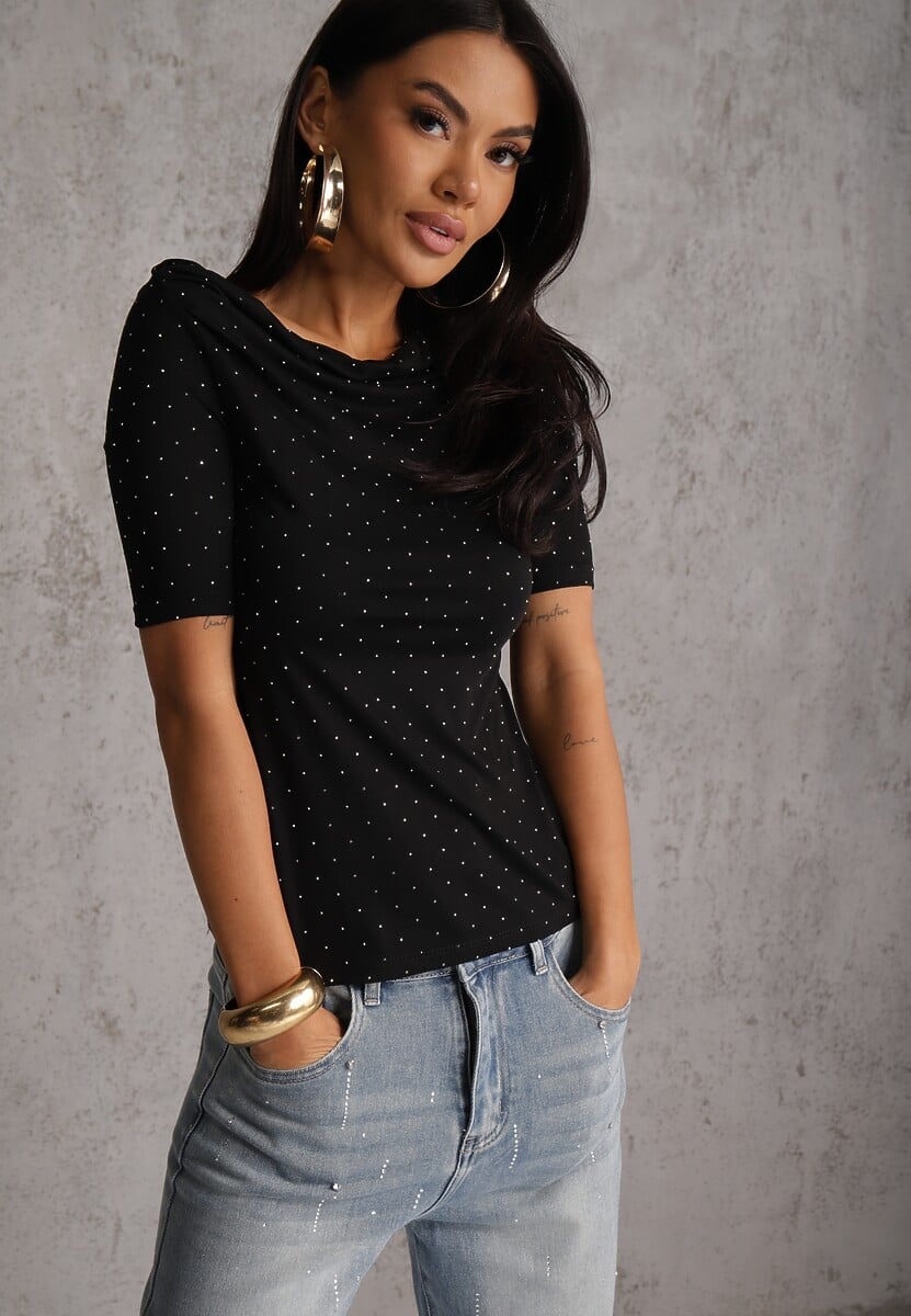 Czarna Bluzka z Dekoltem Typu Łódka Ozdobiona Cyrkoniami Neaninna 1