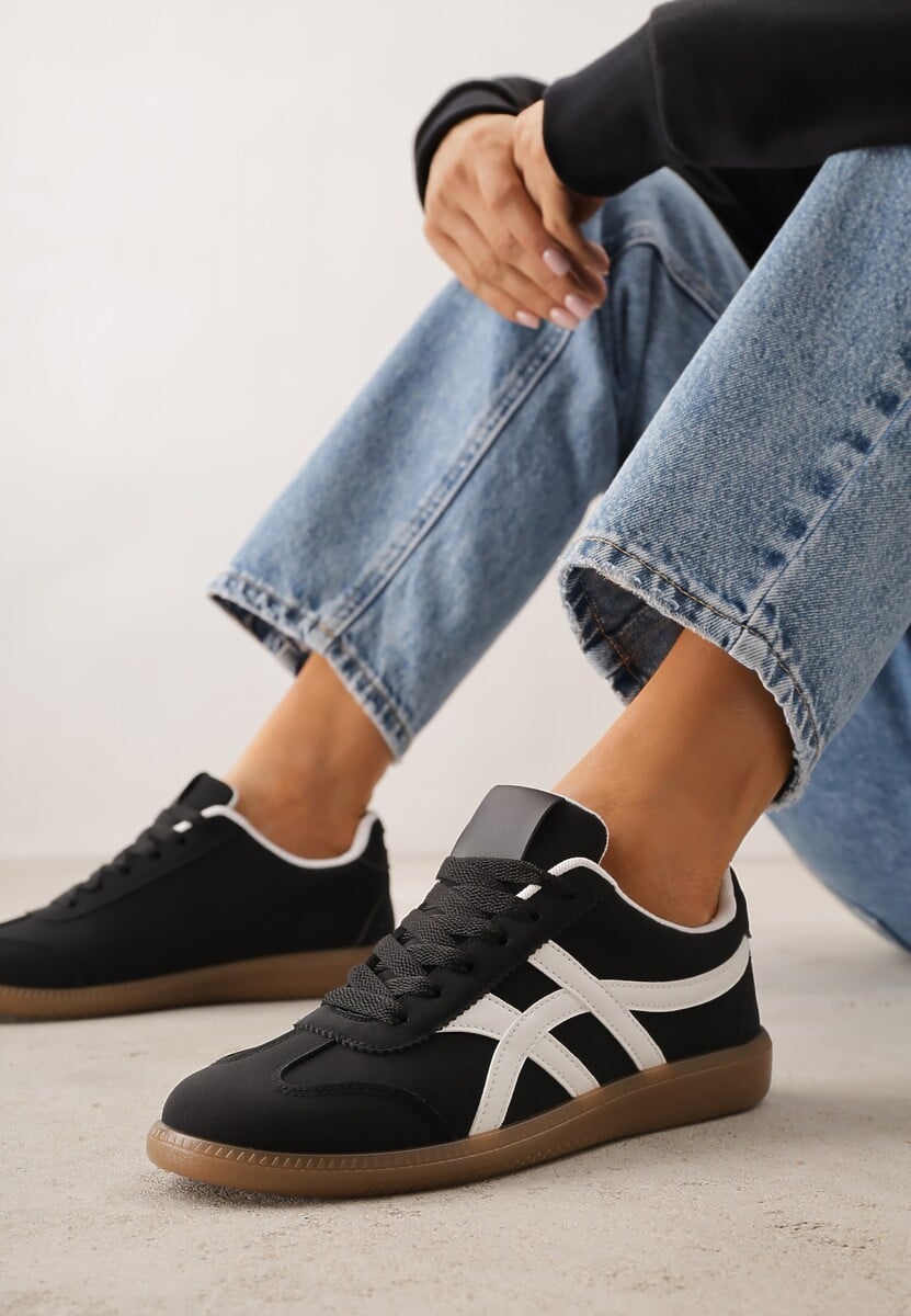 Czarne Sneakersy w Stylu Tenisówek Ozdobione Geometrycznymi Paskami Zitora 1