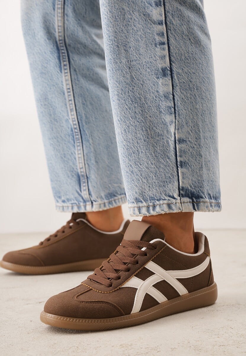 Brązowe Sneakersy w Stylu Tenisówek Ozdobione Geometrycznymi Paskami Zitora 3