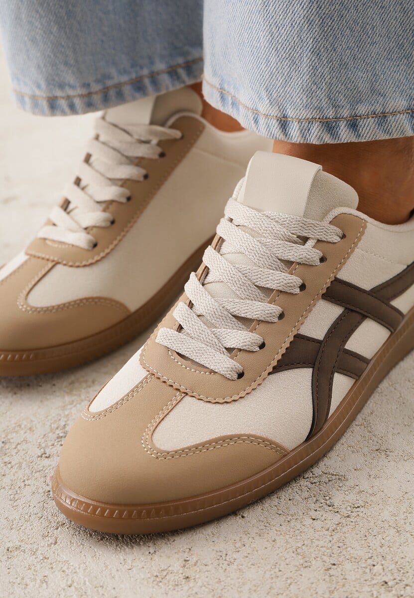 Beżowo-Brązowe Sneakersy w Stylu Tenisówek Ozdobione Geometrycznymi Paskami Zitora 3