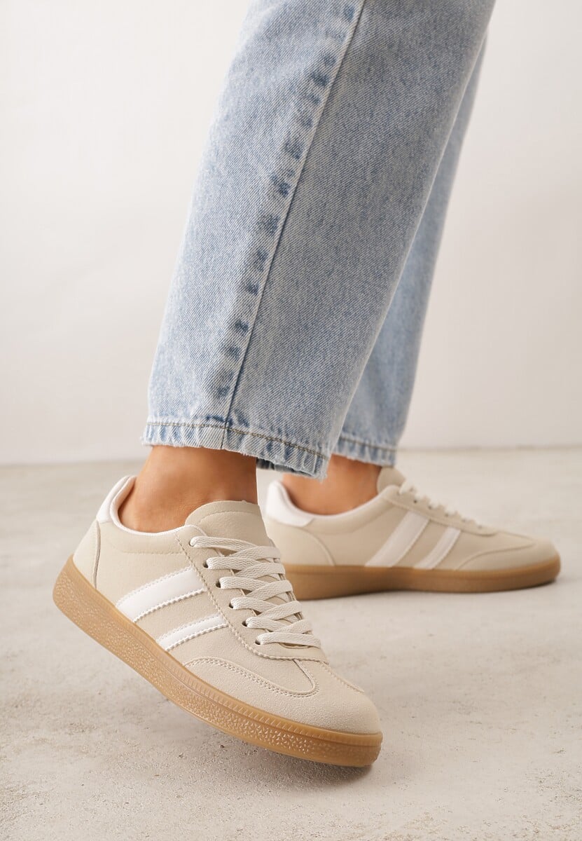 Beżowe Sneakersy Typu Tenisówki Ozdobione Paskami po Bokach Fefia 2
