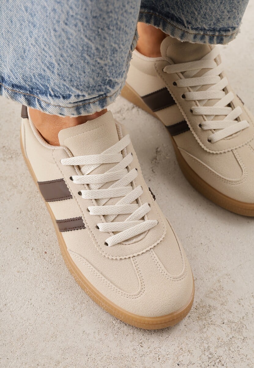 Beżowo-Brązowe Sneakersy Typu Tenisówki Ozdobione Paskami po Bokach Fefia 3