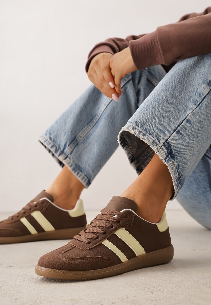 Brązowo-Żółte Casualowe Sneakersy na Płaskiej Podeszwie z Paskami Jereria 1