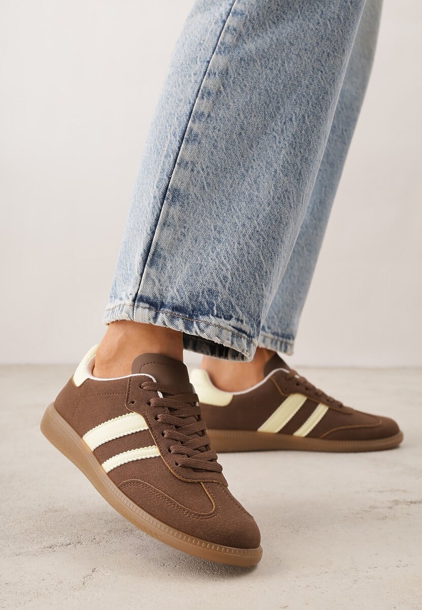 Brązowo-Żółte Casualowe Sneakersy na Płaskiej Podeszwie z Paskami Jereria 2