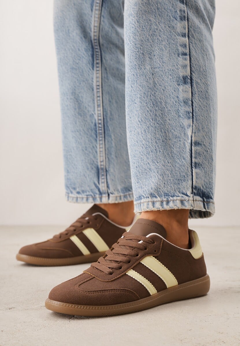 Brązowo-Żółte Casualowe Sneakersy na Płaskiej Podeszwie z Paskami Jereria 3