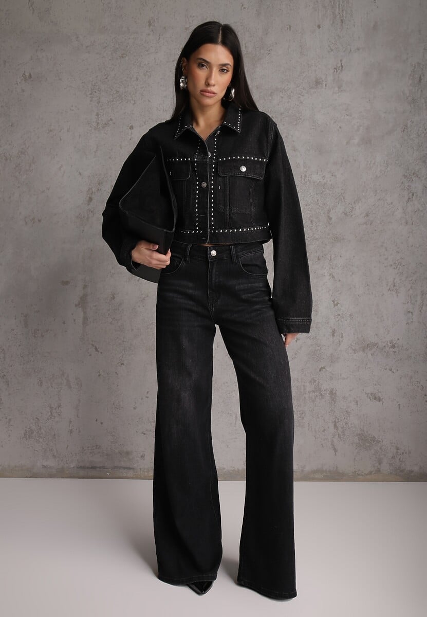 Czarne Szerokie Jeansy Palazzo z Bawełną High Waist Zinnasira 2