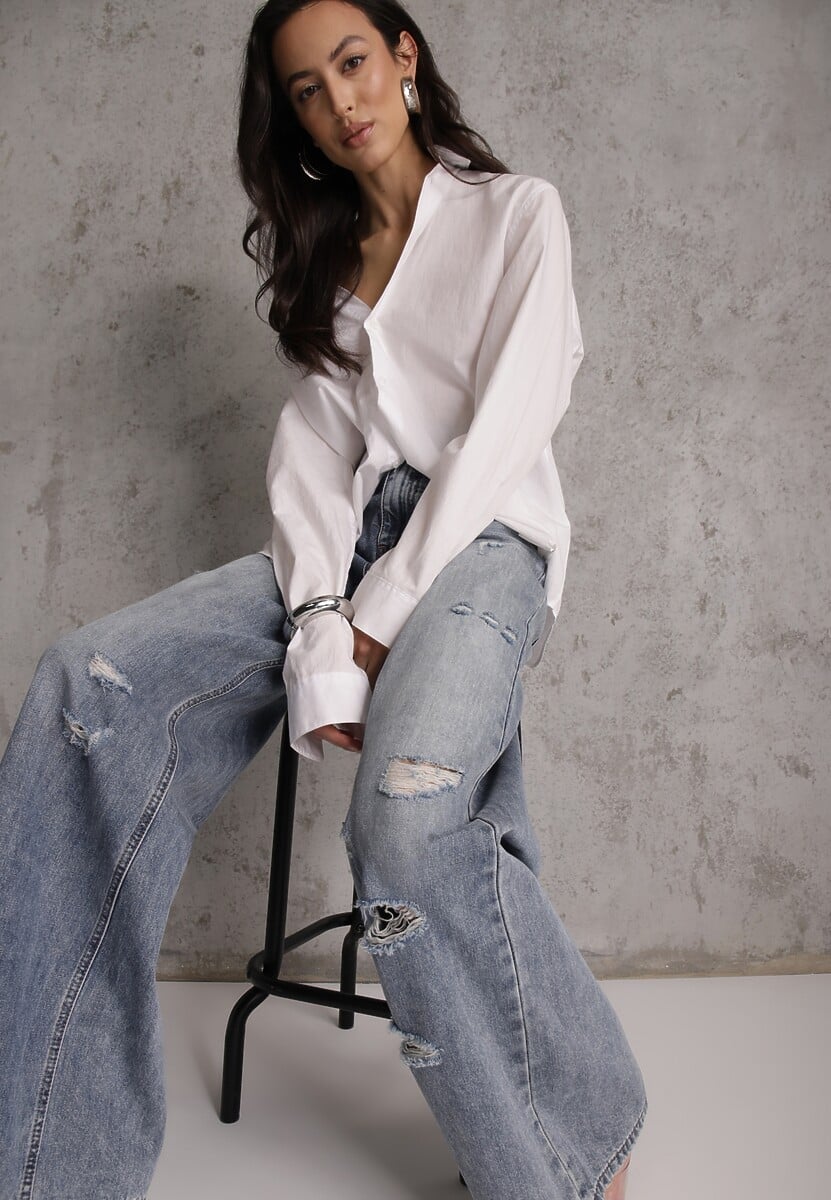 Niebieskie Szerokie Jeansy Palazzo z Bawełny z Dziurami i Przetarciami Erilenna 1