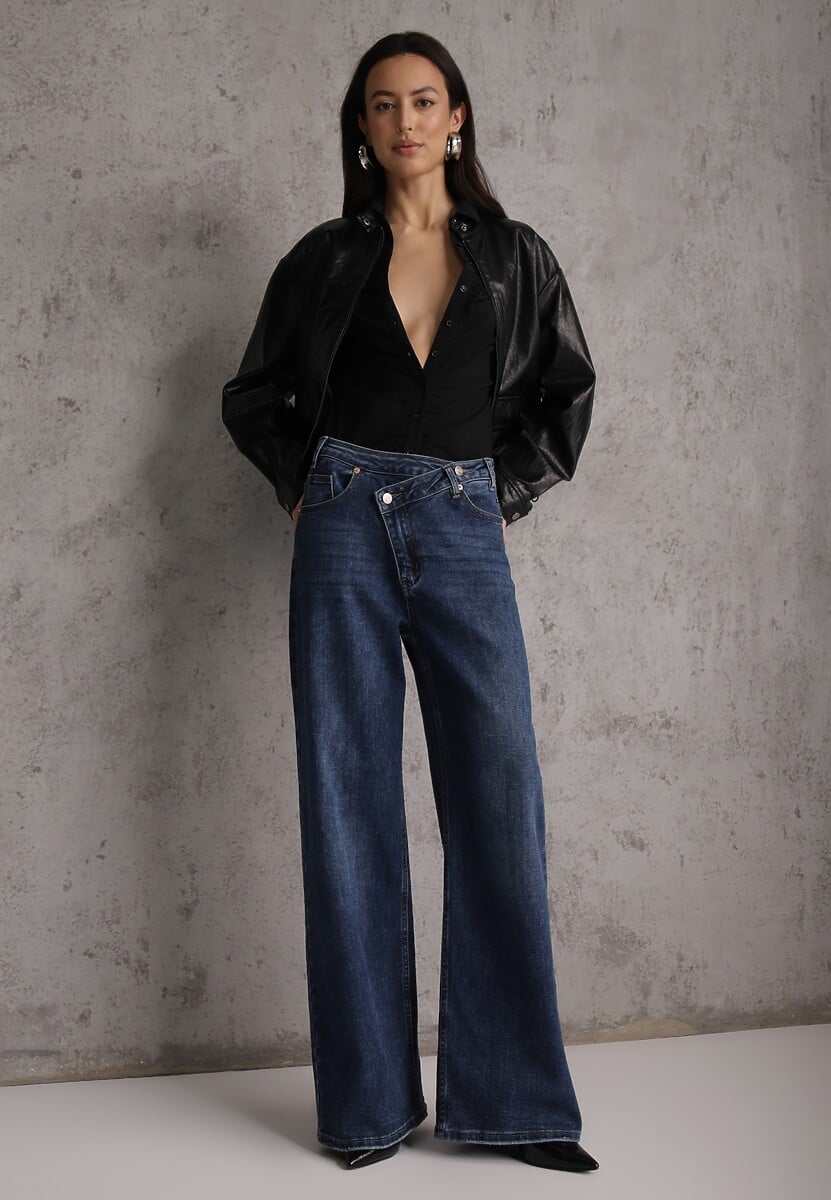 Niebieskie Asymetryczne Jeansy Wide Leg High Waist z Bawełny Leoira 2