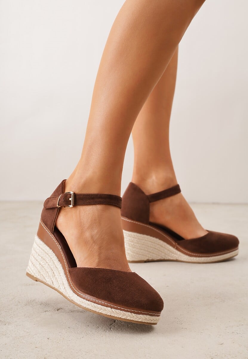 Brązowe Sandały na Plecionym Koturnie ze Sprzączką Catlinna 1