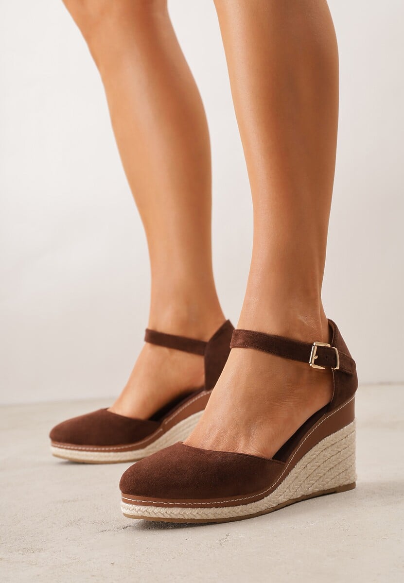 Brązowe Sandały na Plecionym Koturnie ze Sprzączką Catlinna 2
