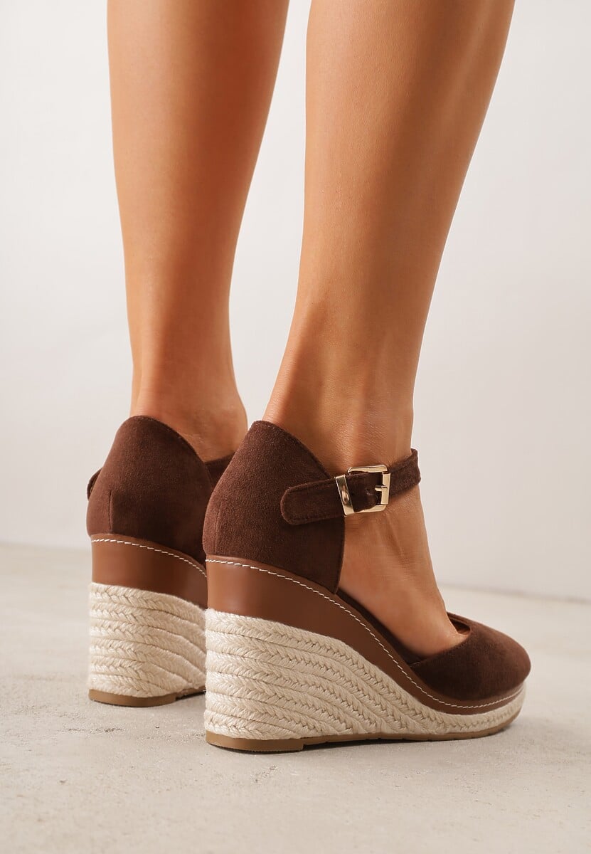 Brązowe Sandały na Plecionym Koturnie ze Sprzączką Catlinna 3