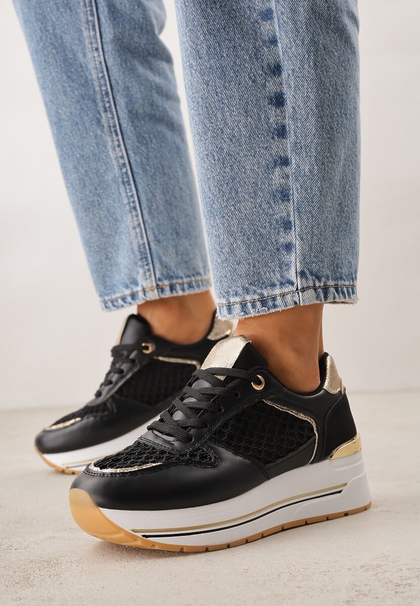 Czarne Sneakersy na Platformie Ozdobione Metalicznymi Wstawkami i Siateczką Zitina 2