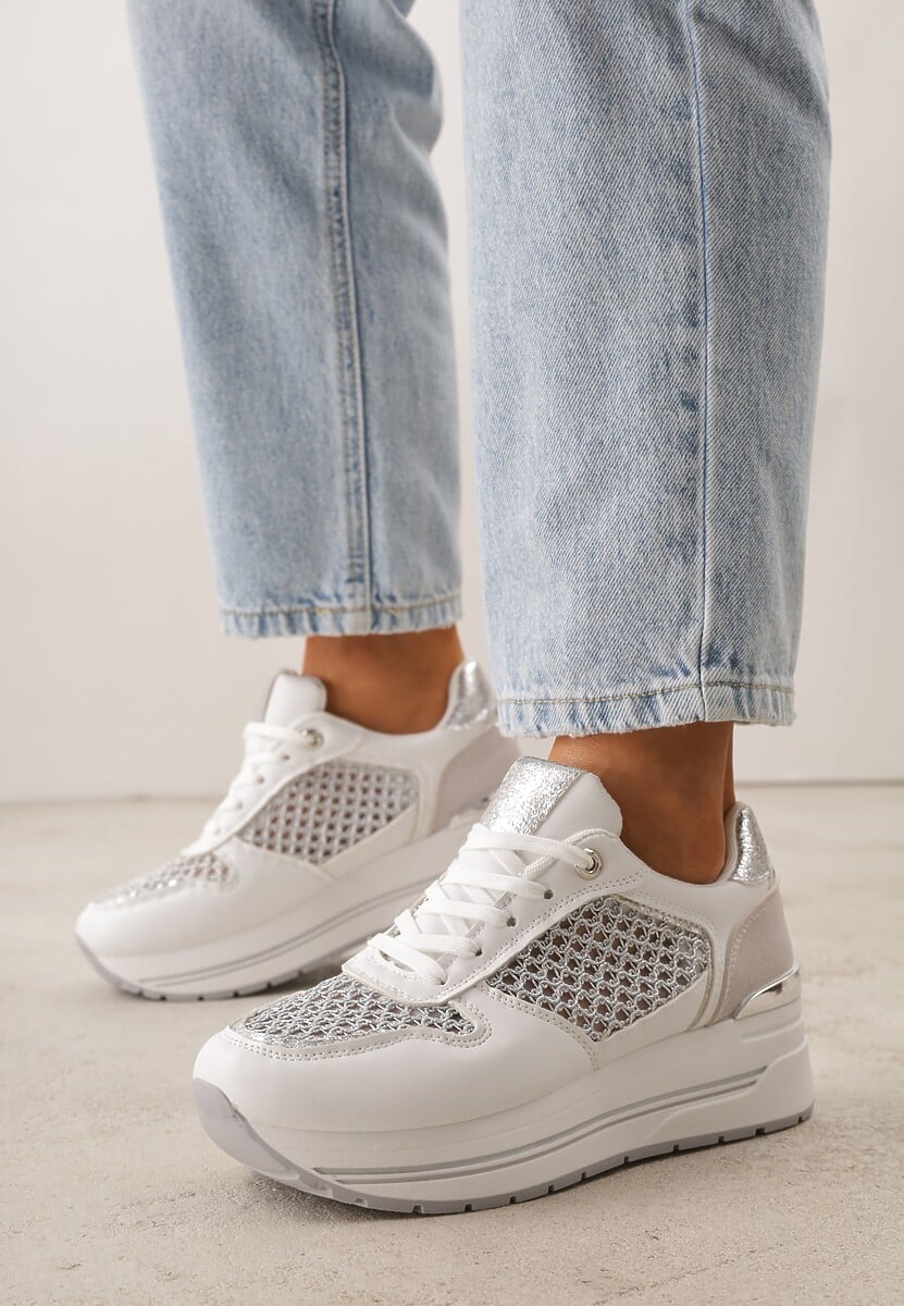 Białe Sneakersy na Platformie Ozdobione Metalicznymi Wstawkami i Siateczką Zitina 2