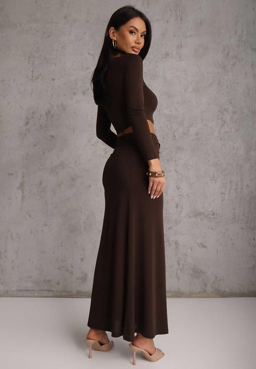 Brązowy Komplet Spódnica i Longsleeve Zdobione Marszczeniami i Aplikacjami  Bervessa 3