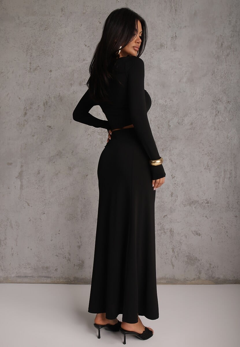 Czarny Komplet Spódnica i Longsleeve Zdobione Marszczeniami i Aplikacjami  Bervessa 3