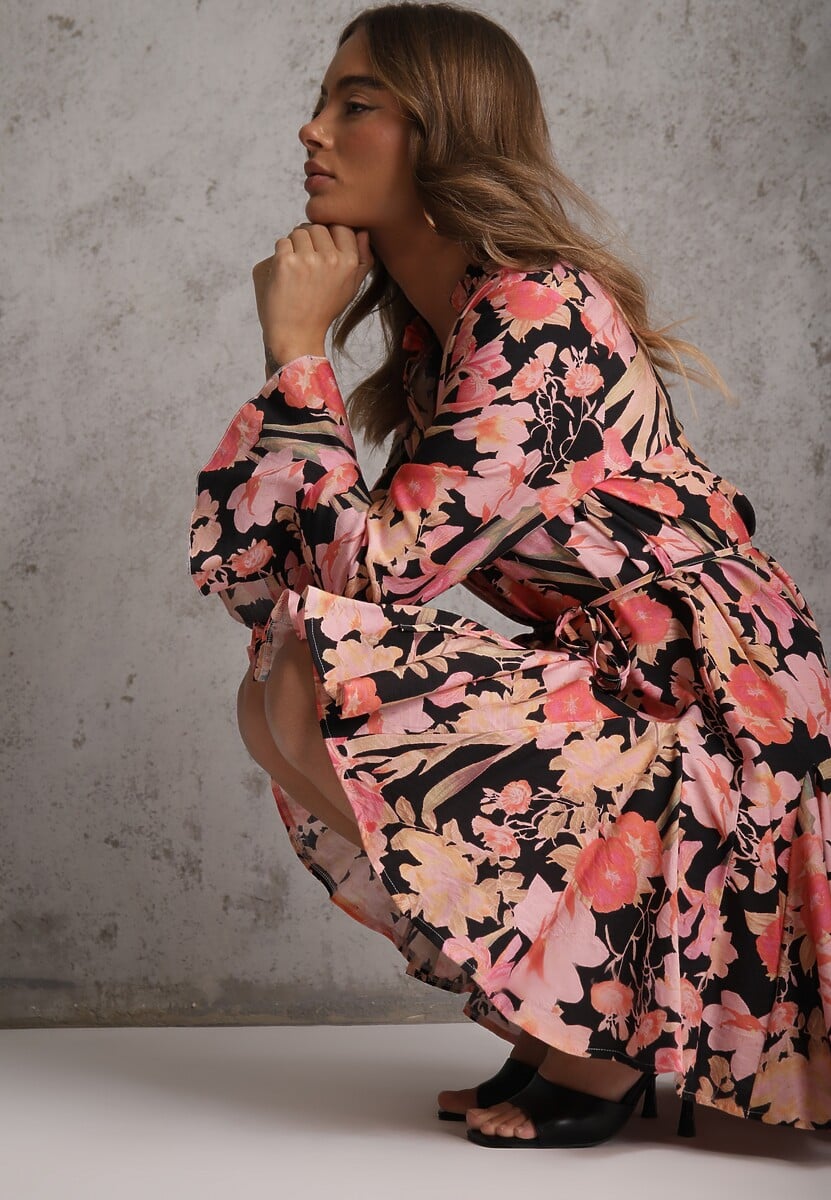 Czarna Sukienka z Wiskozy w Kwiatowy Print Ozdobiona Paskiem Asintena 1