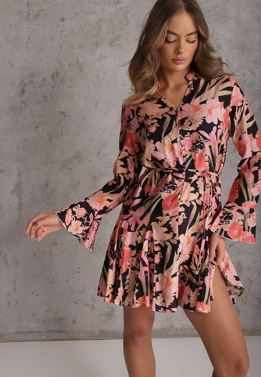Czarna Sukienka z Wiskozy w Kwiatowy Print Ozdobiona Paskiem Asintena 2