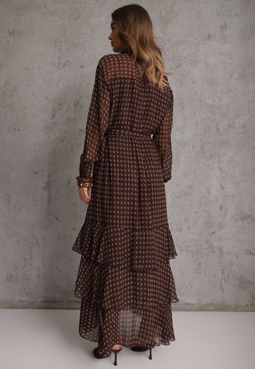 Brązowa Sukienka o Koszulowym Kroju z Przedłużonym Tyłem i Falbanami Savarinna 3