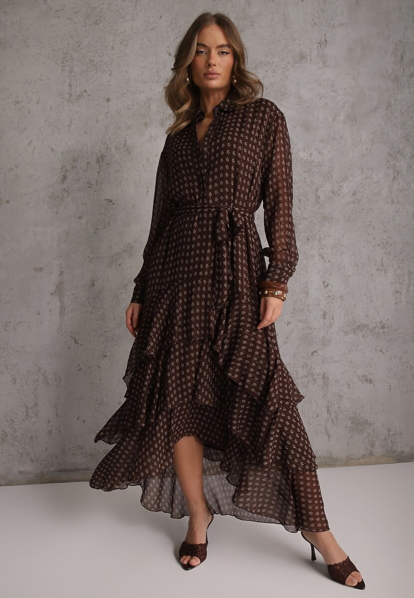 Brązowa Sukienka o Koszulowym Kroju z Przedłużonym Tyłem i Falbanami Savarinna 2