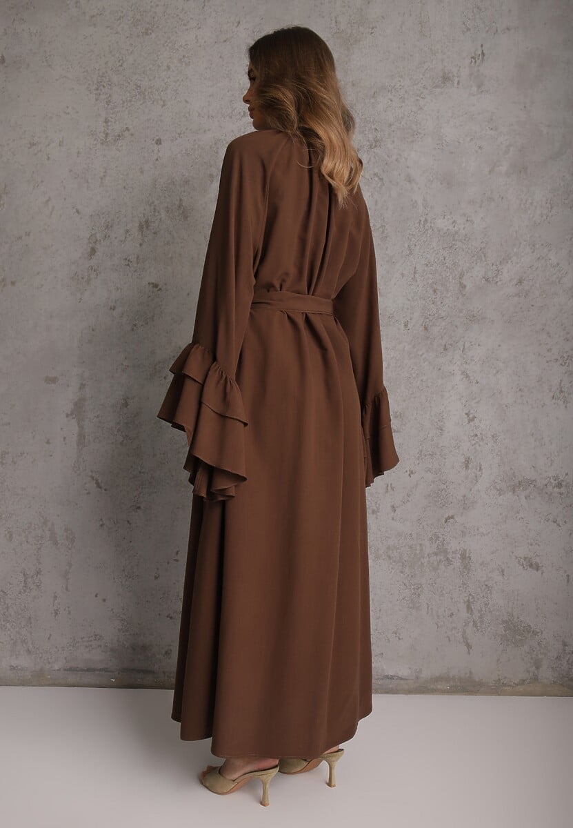 Brązowa Koszulowa Sukienka z Wiskozy Ozdobiona Paskiem i Falbanami Tinethra 3