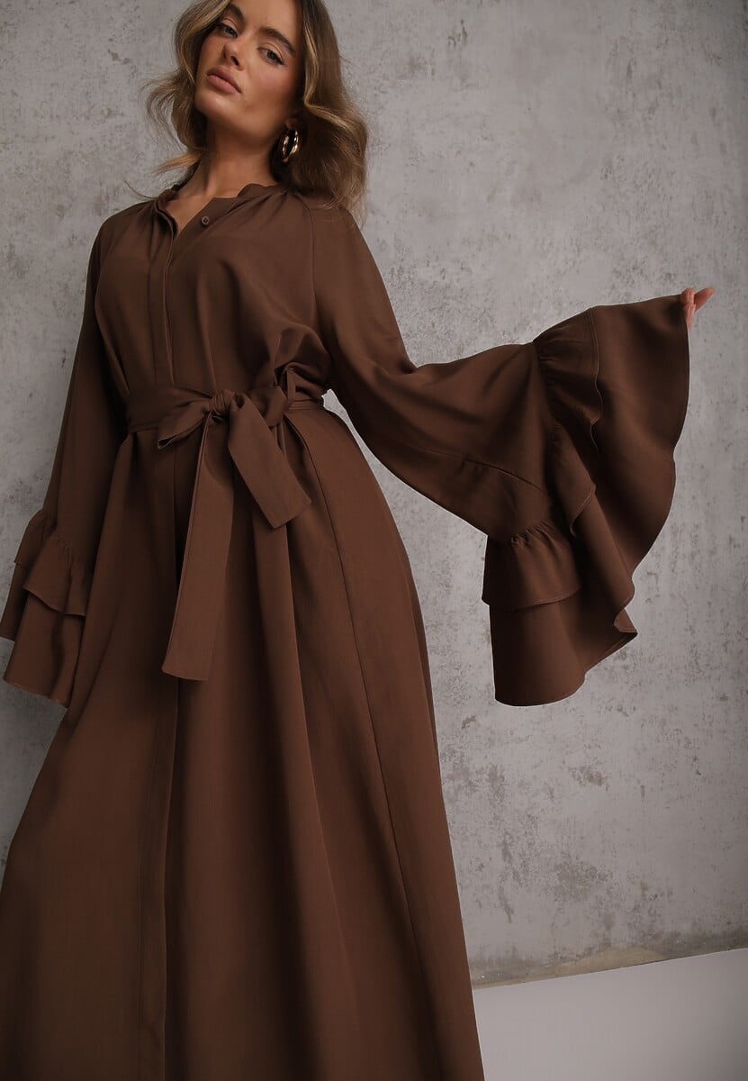 Brązowa Koszulowa Sukienka z Wiskozy Ozdobiona Paskiem i Falbanami Tinethra 2