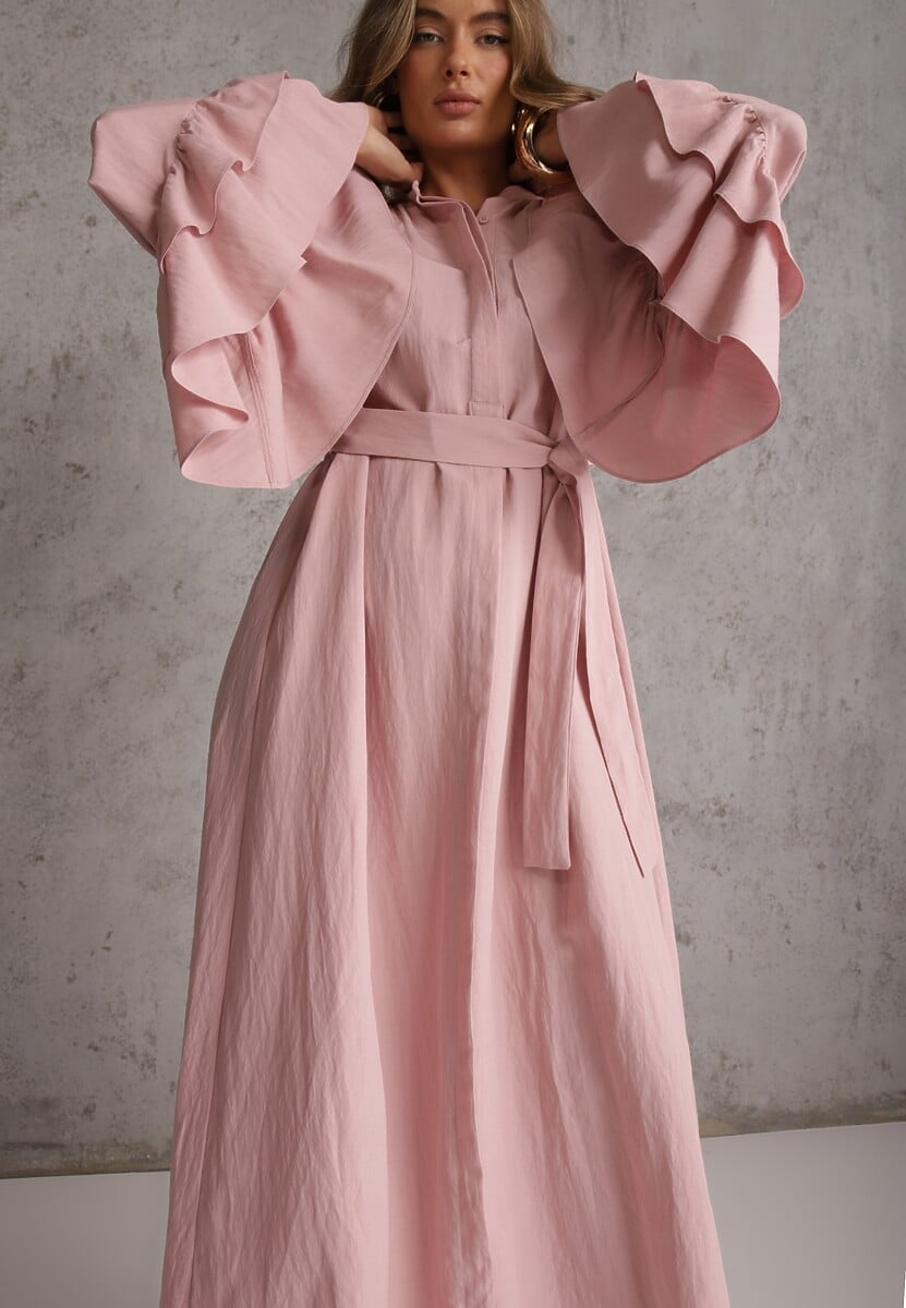 Różowa Koszulowa Sukienka z Wiskozy Ozdobiona Paskiem i Falbanami Tinethra 2