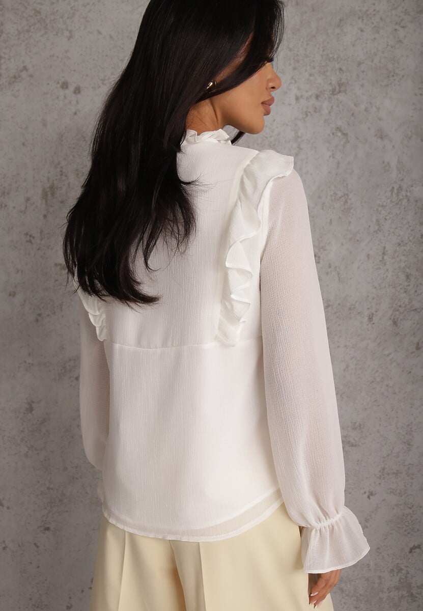 Biała Bluzka w Stylu Coquette z Falbankami i Wiązaniem przy Szyi Seathrina 3