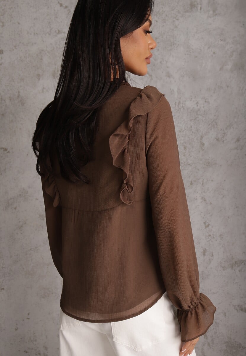 Brązowa Bluzka w Stylu Coquette z Falbankami i Wiązaniem przy Szyi Seathrina 3